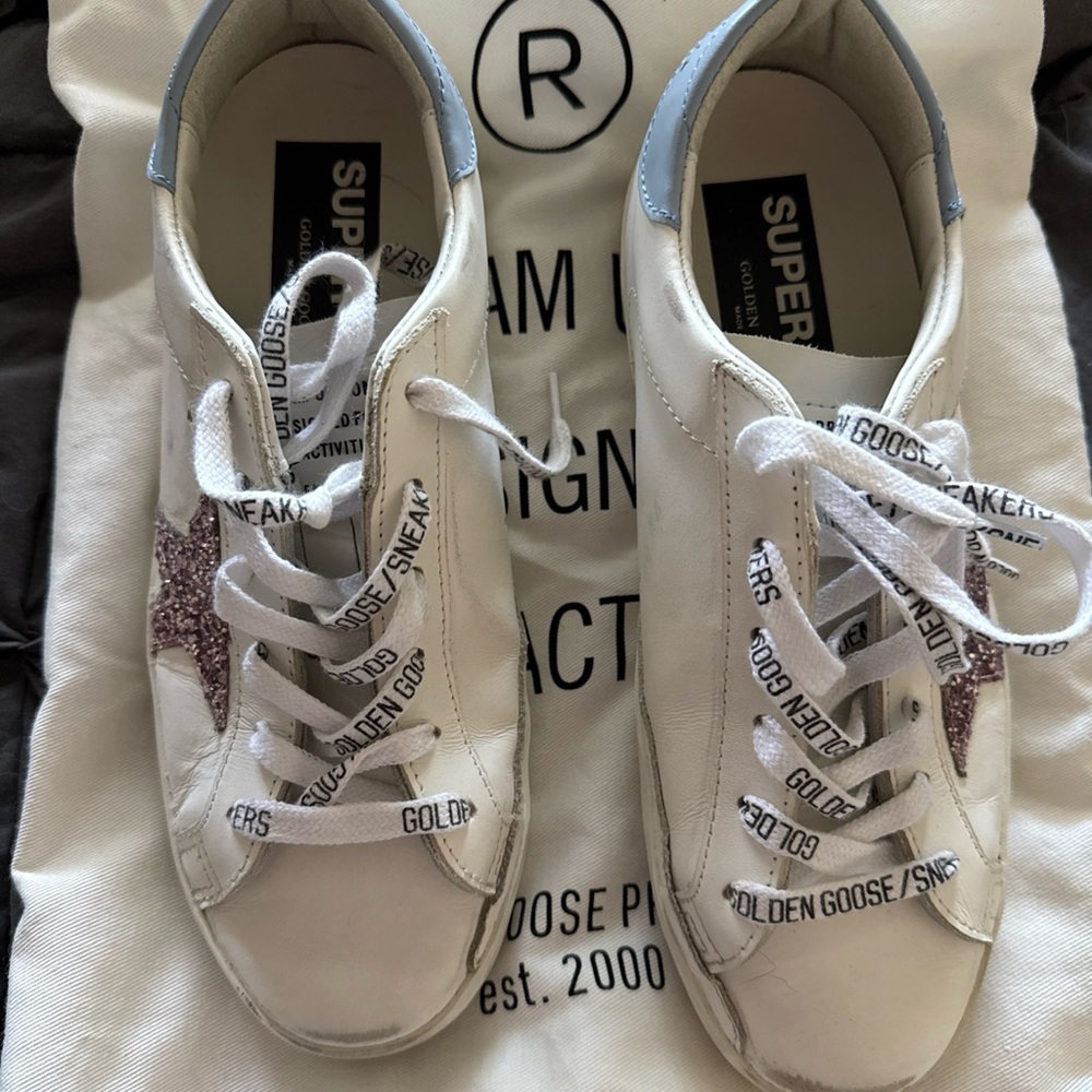 Golden Goose White and Blue Sneakers with pink glitter stars